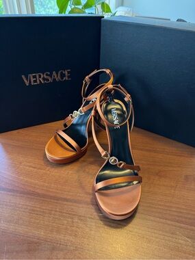Versace Brown Satin Ankle-Strap Platform Heels with Gold Medallions
